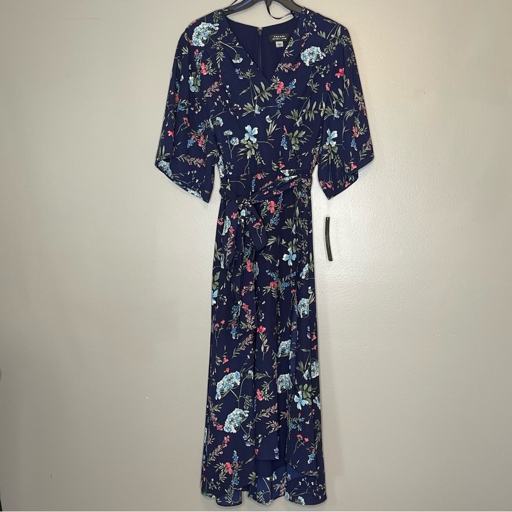 Tahari By Arthur S. Levine Navy Berry Red Fern Green Floral Dress Size 6